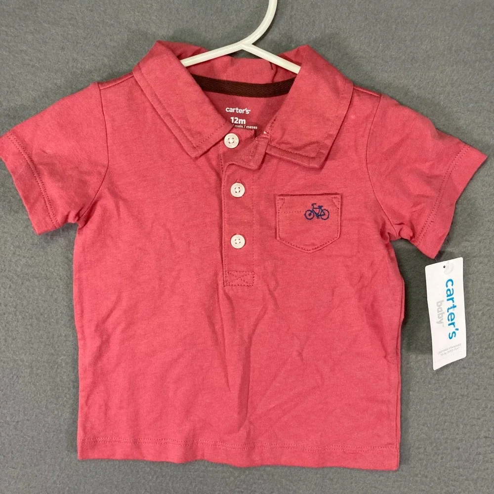 Carter's Baby Boys 12M Coral Pink Polo‎ Shirt Bicycle Embroidered Pocket